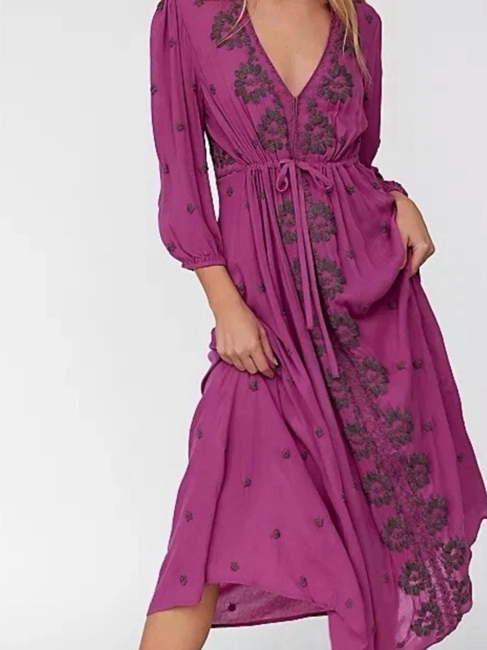 Free People Women's Fuchsia Embroidered Fable Midi Dress